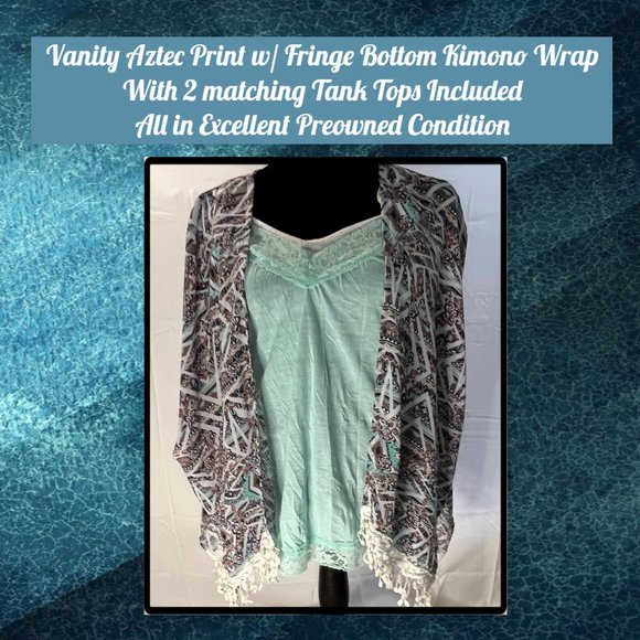 Vanity Aztec Print w/ Fringe Trim Kimono Wrap & 2 Matching Mint Tank Tops Bundle - Picture 1 of 11